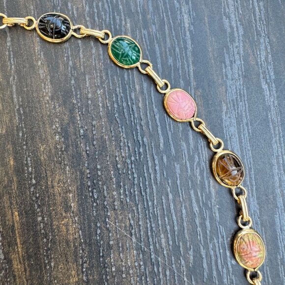 CARLA SCARAB NECKLACE 14K Gold Links 20" Gemstone Scarabs, Vintage Egyptian Rev - Picture 7 of 16